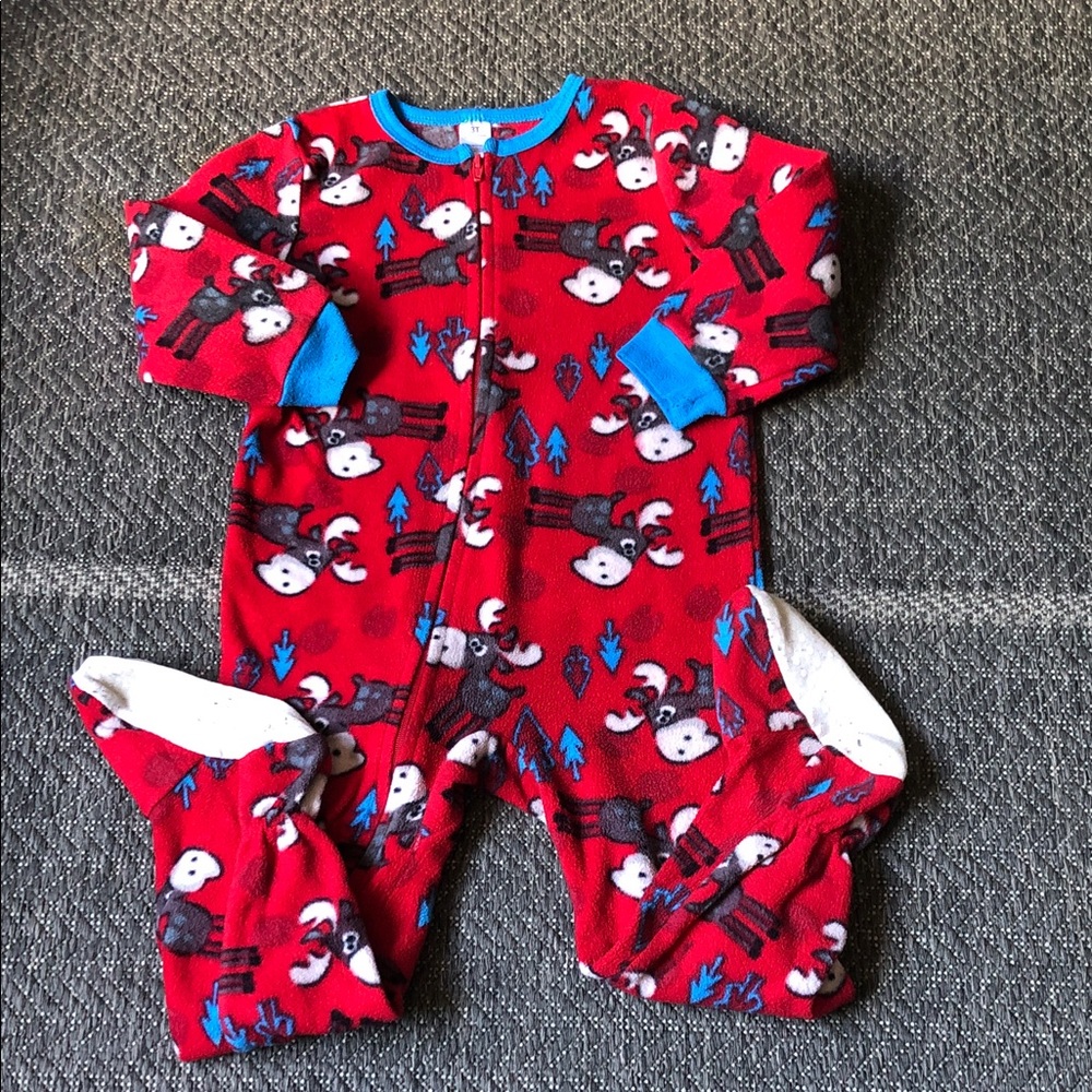 George Red Moose Print Fleece Footed One-Piece with Blue Trim